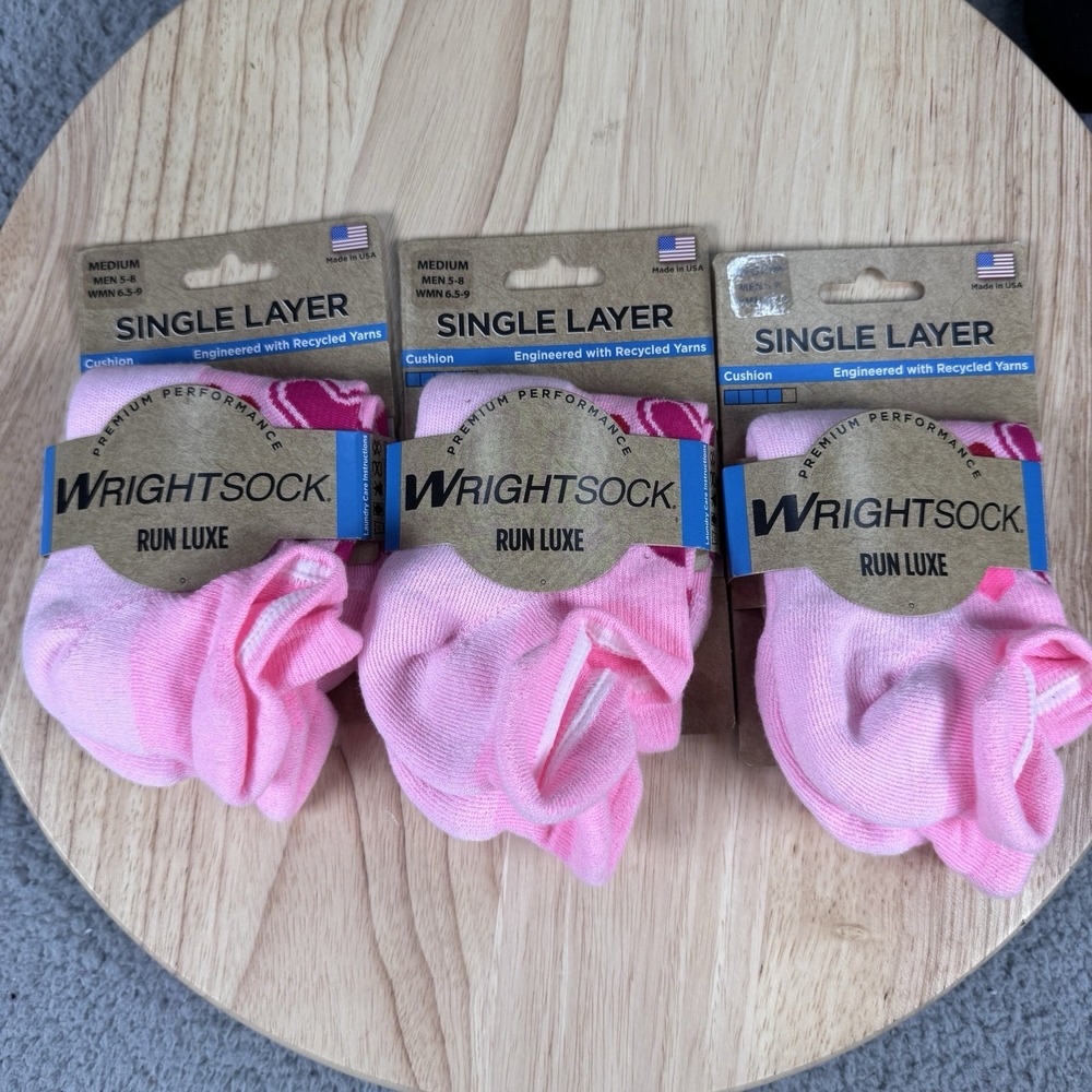 Wrightsock Run Luxe Medium Pink Heart Single Layer Athletic Socks 3 Pairs NEW